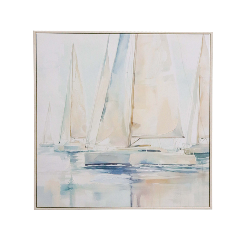 Framed sailing boat artwork with soft blue coastal tones and open sails