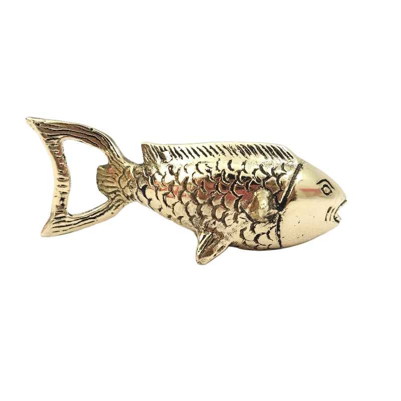Solid brass decorative fish bottle opener with detailed engraved finish facing right