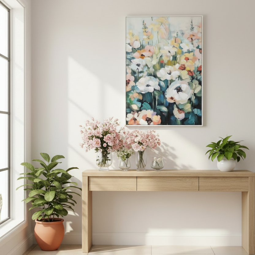 Modern interior with a wooden console table, potted plants, and a floral painting on the wall.