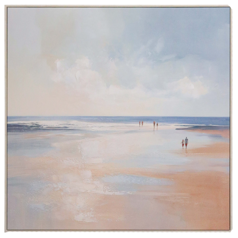 Framed coastal shoreline artwork with soft blue ocean and sandy beach tones