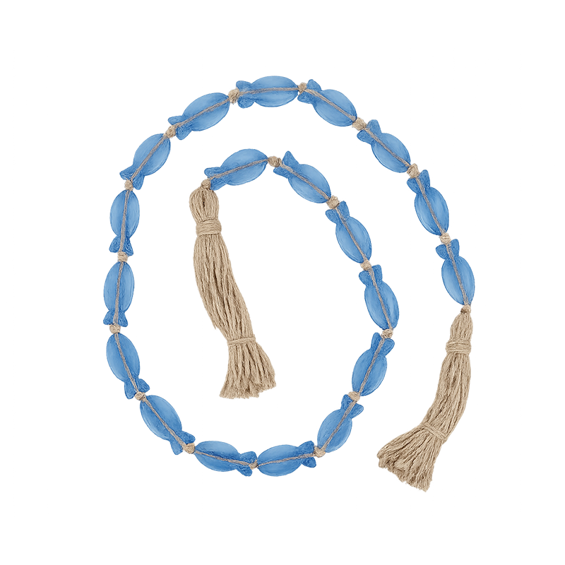 Blue glass fish bead garland with natural tassels
