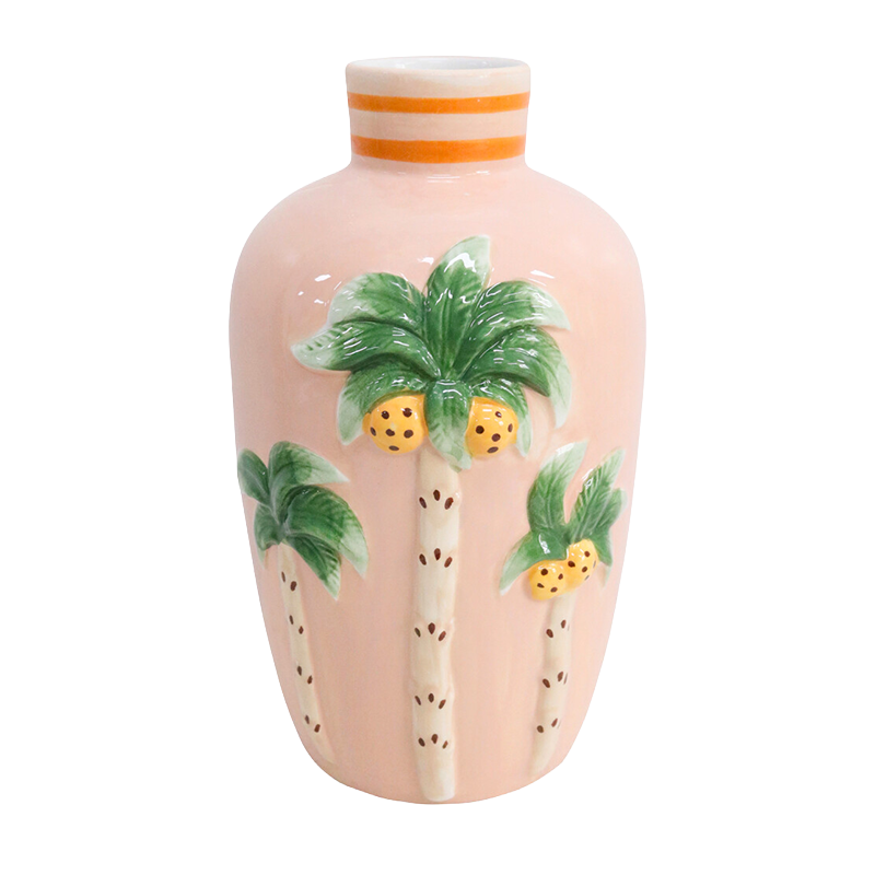 Pink Vase with palm tree and coconut design