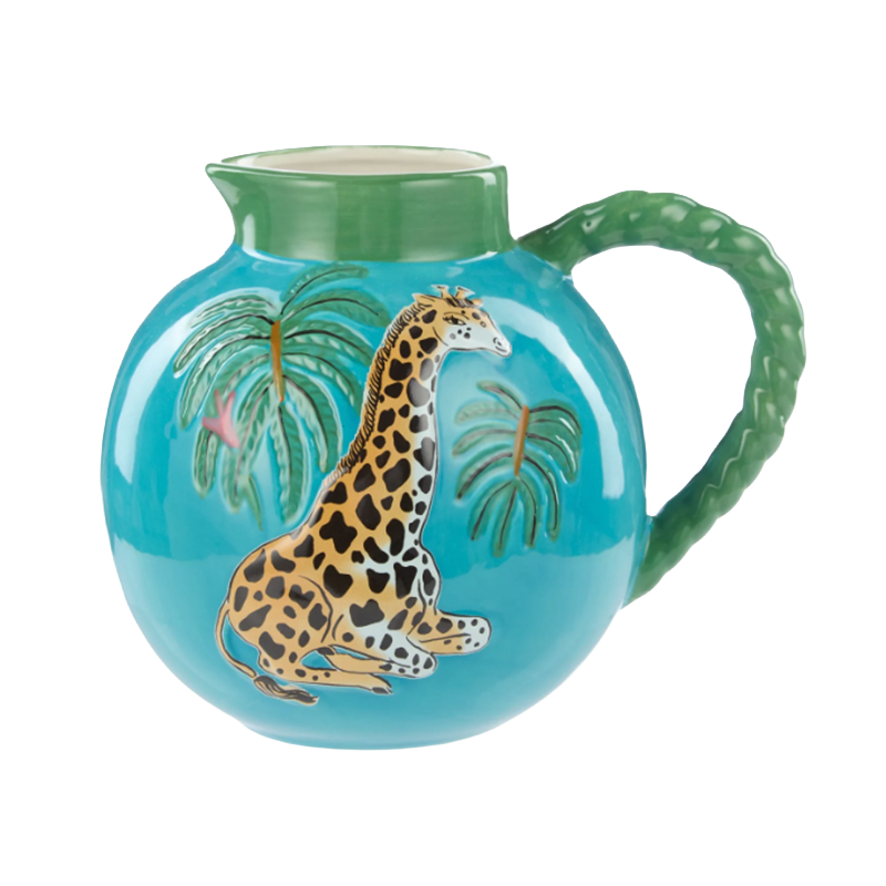 Ceramic jug with a giraffe design on a blue background