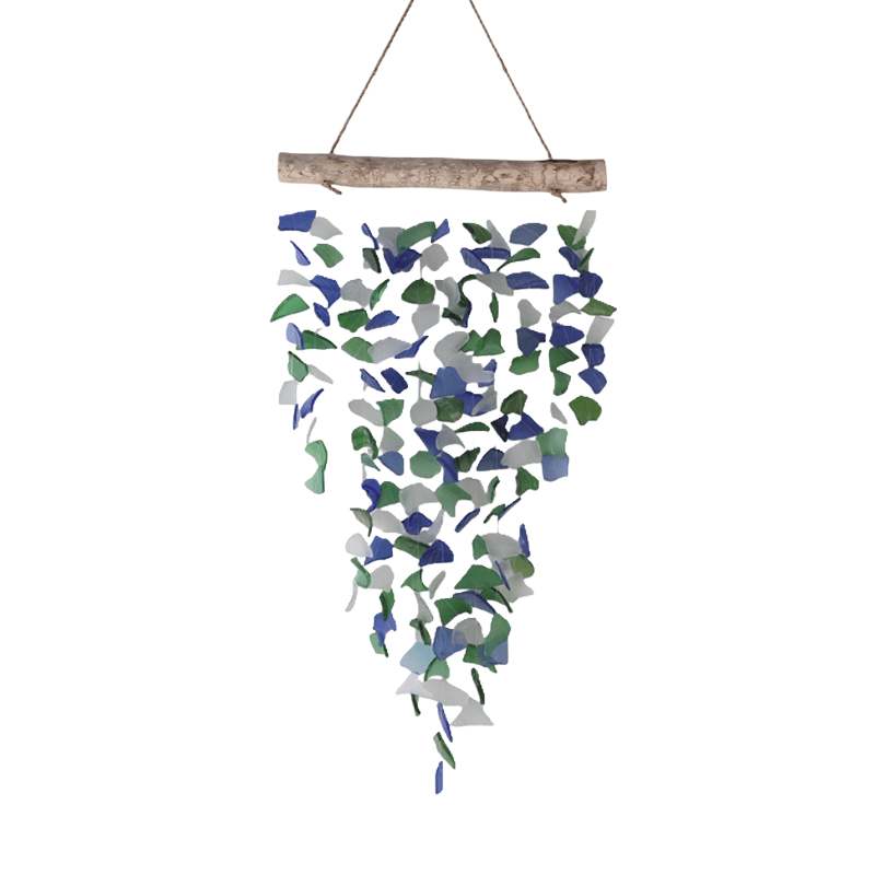 Decorative hanging wall art with blue, green,sea glass suspended from drift wood beam