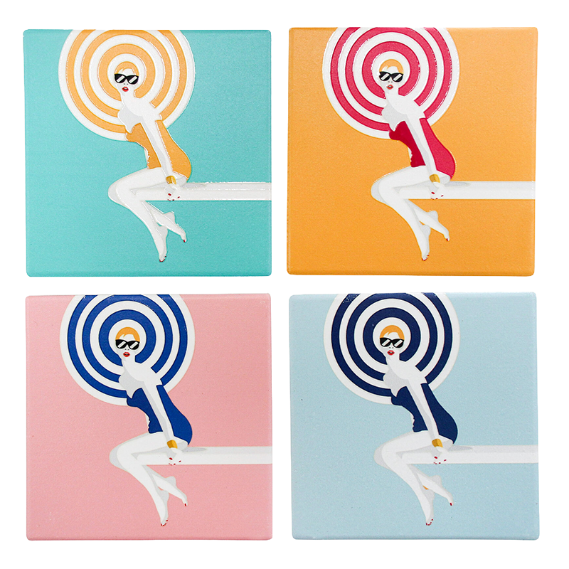 Set of four coasters with a stylized woman sitting on a diving board against colorful concentric circle backgrounds.