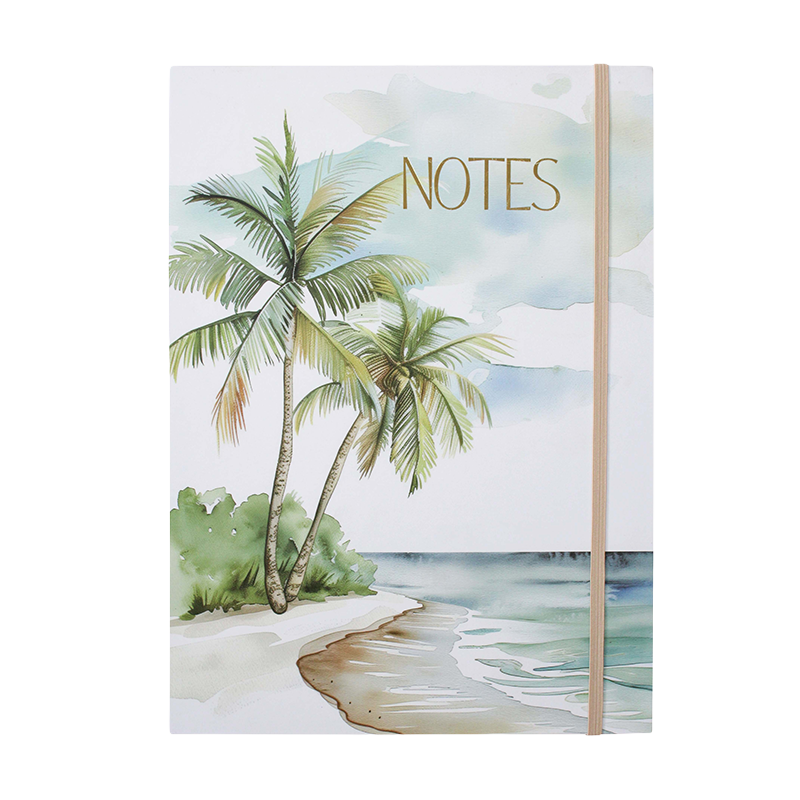 Notebook with palm tree design and 'NOTES' text on a beach scene cover
