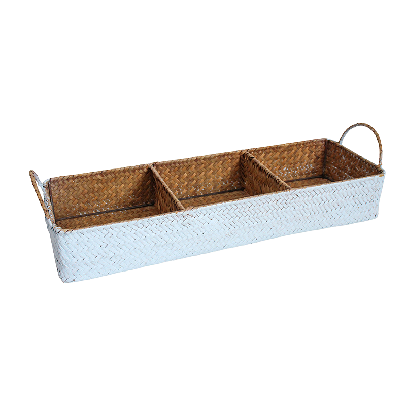 Blue washed woven tray with dividers
