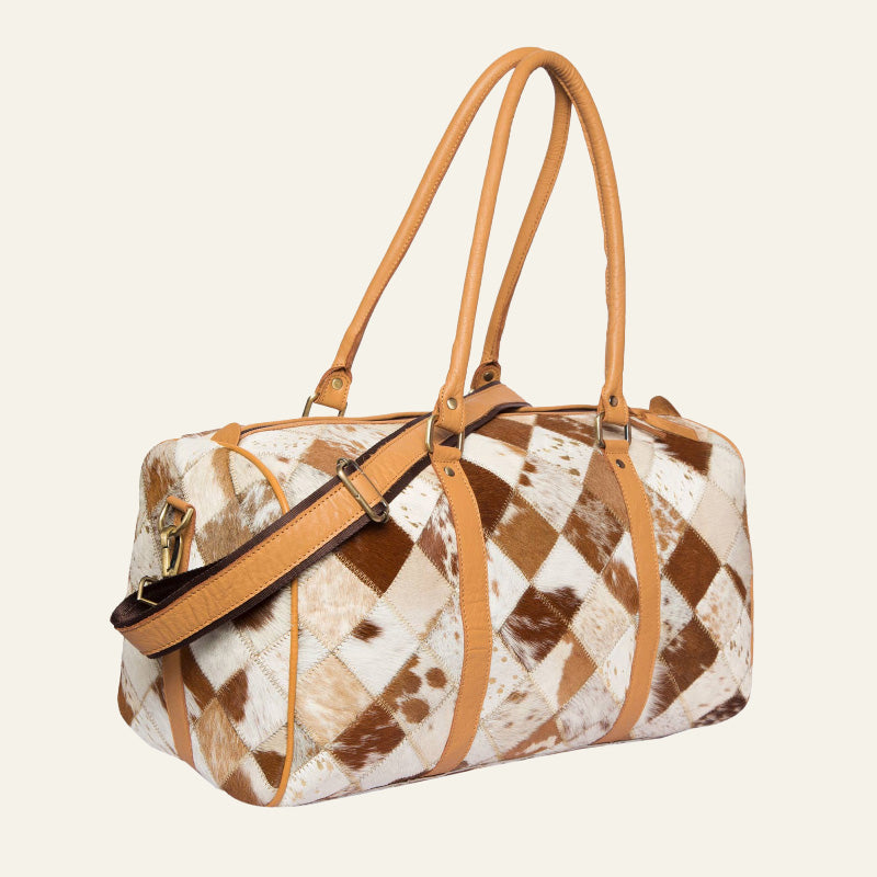 Patchwork Cowhide Weekender Bag – Tan & White