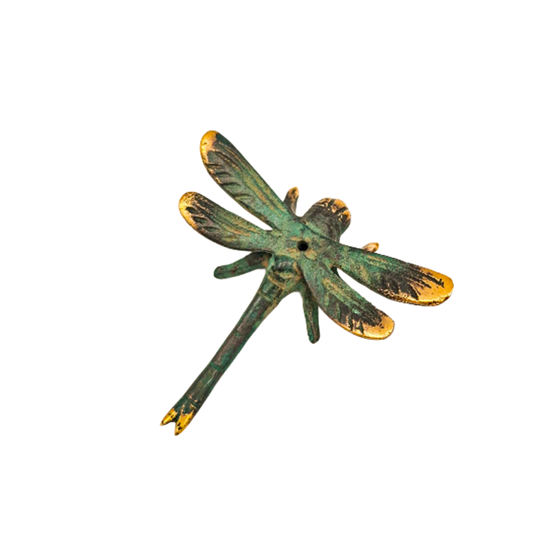 Dragonfly brass incense holder with aged green and gold finish