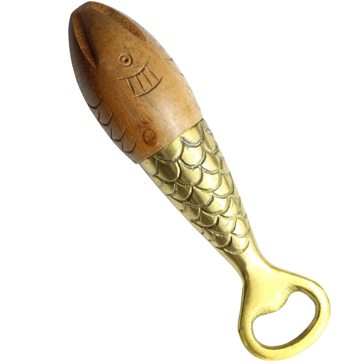 Fish-shaped citrus juicer and bottle opener with a carved wooden head, brass scale detailing and an opener at the tail.