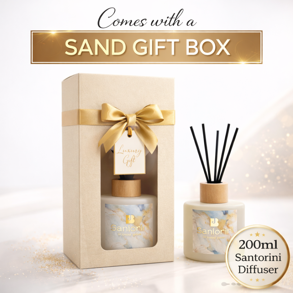 Santorini diffuser set with packaging featuring a gold bow on a white background
