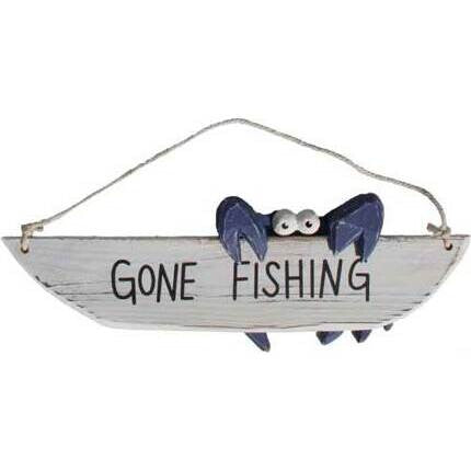 Whitewashed boat-shaped Gone Fishing hanging sign with a navy crab and rope hanger.