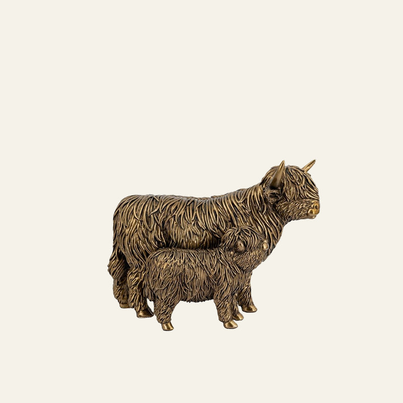 Antique bronze Highland Cow and Calf Figurine with detailed textured shaggy coats.