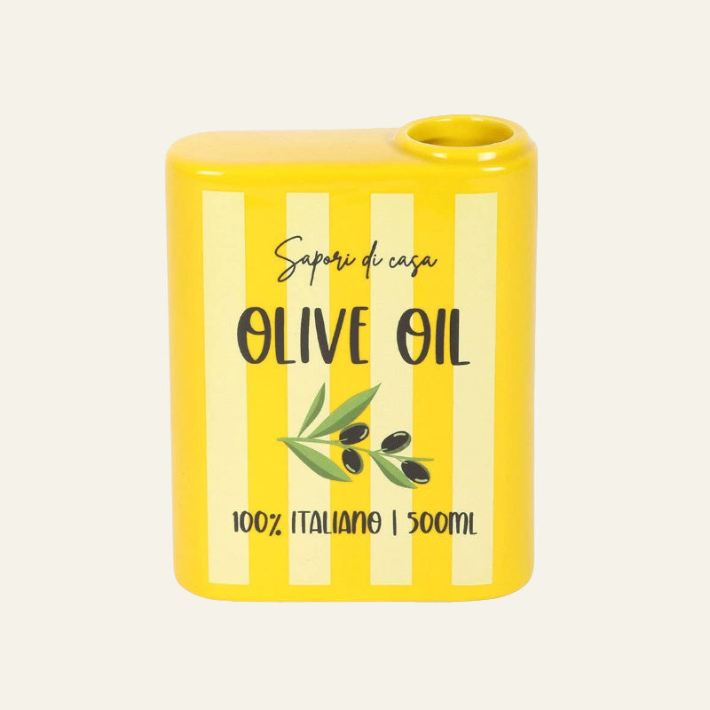 Yellow striped ceramic vase representing and Italian Olive oil Tin - reverse view