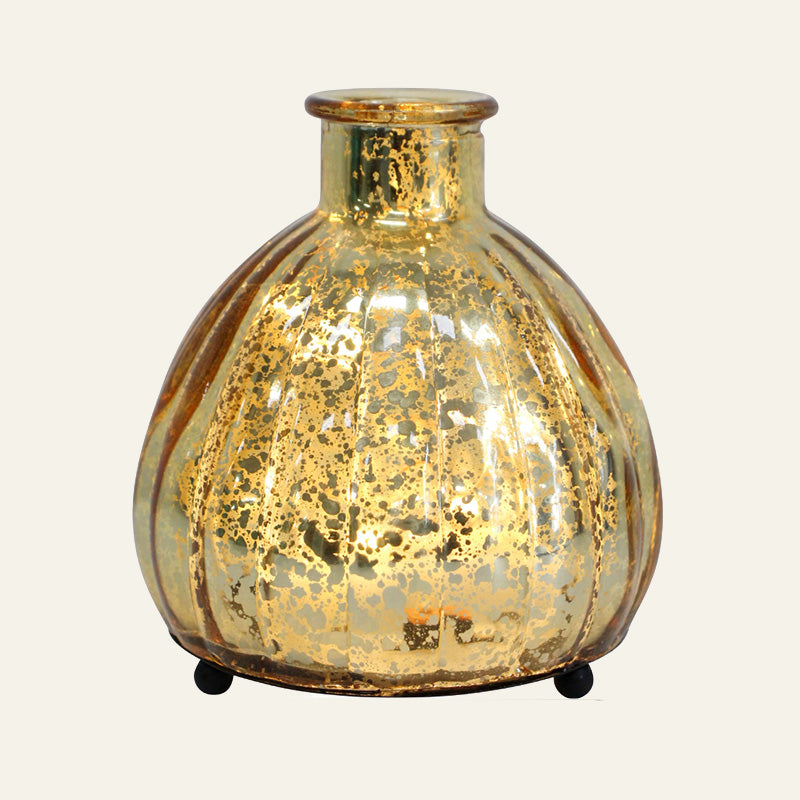 Gold LED glass vase lantern with ribbed mottleg glass finish