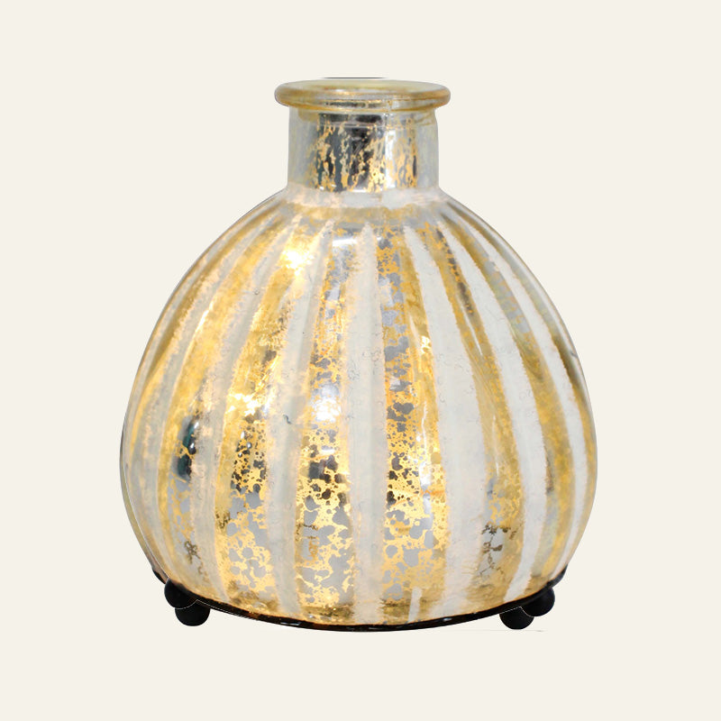 White LED glass vase lantern with ribbed glass and gold detail