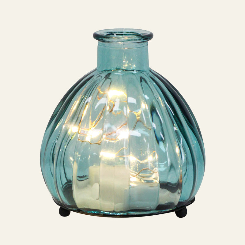 Blue LED glass vase lantern with ribbed glass and warm fairy lights