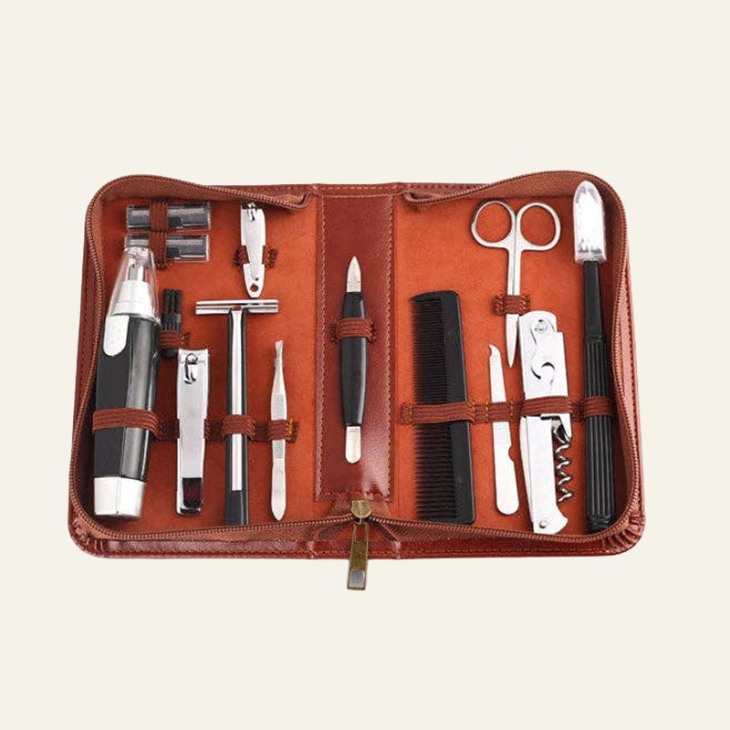Men’s 12 Piece Travel Grooming Kit in Tan Zip Case