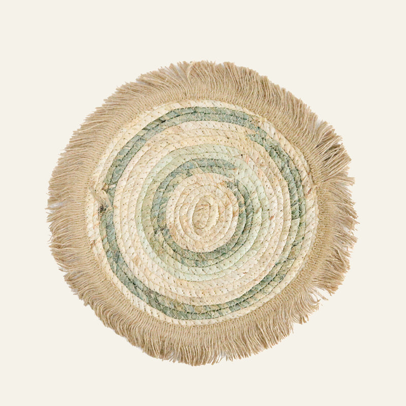 Natural Woven Fringe Placemat with Sage detail - 30cm