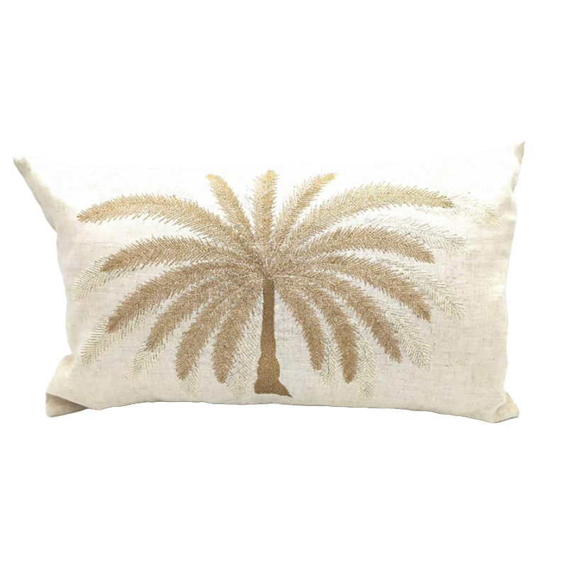 Palm Cream cotton cushion cover with embroidered palm design in soft neutral tones