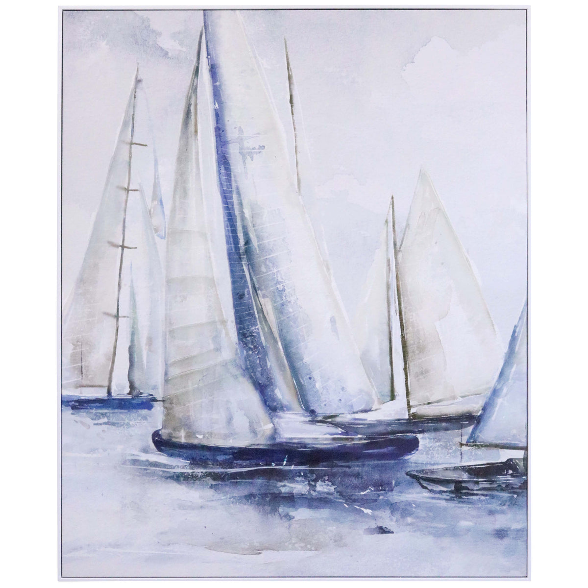 Sails at First Light framed artwork featuring white sailboats on soft blue water.