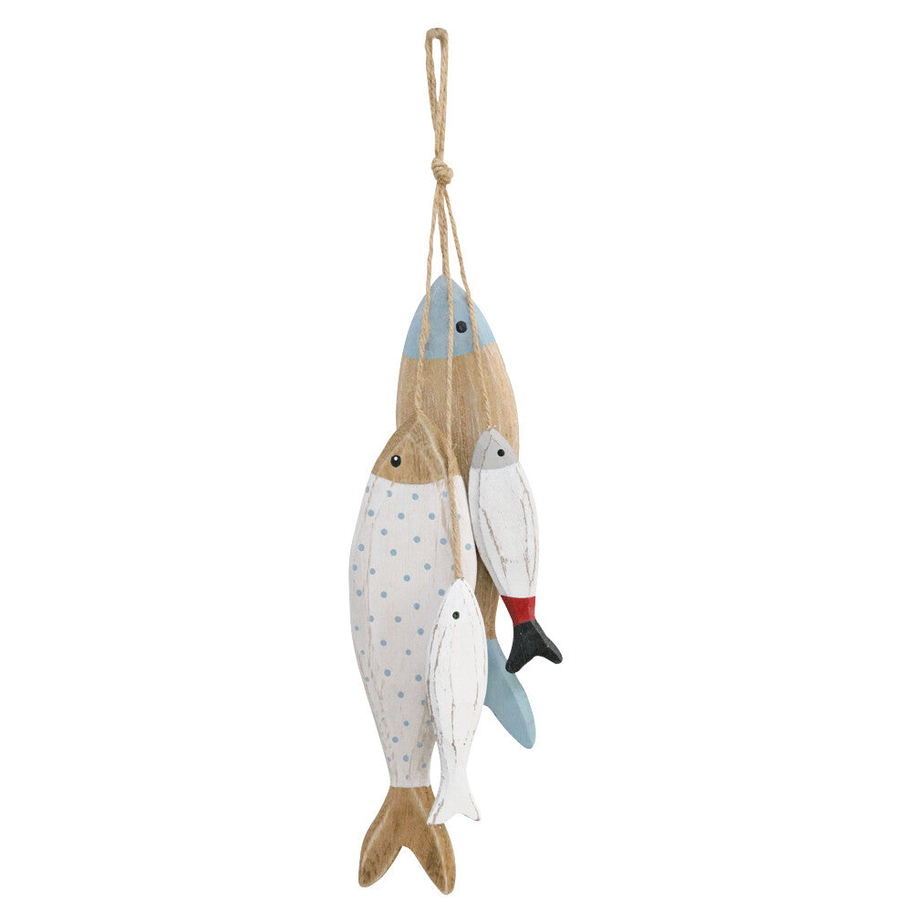 Four decorative wooden fish in white, pale blue and natural timber tones suspended together from a jute hanging loop.