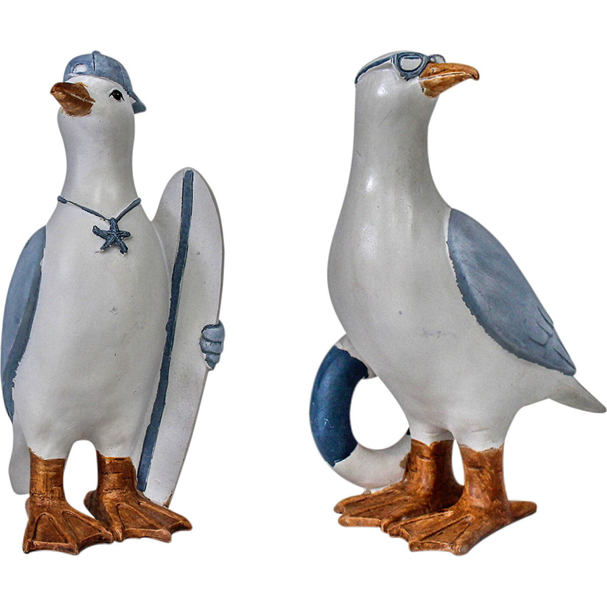 Pair of vintage-style coastal seagulls with a surfboard, goggles and life ring.