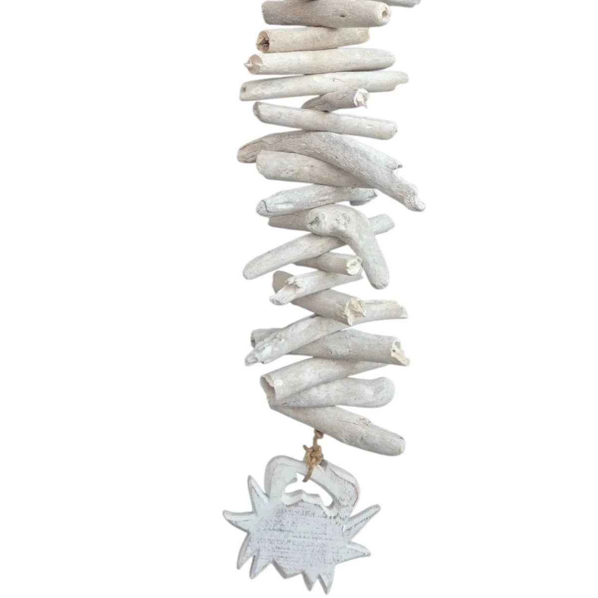 A vertical hanging decorative garland made of many small off-white driftwood pieces twisted together, with a white starfish-shaped ornament at the bottom, shown on a plain white background.