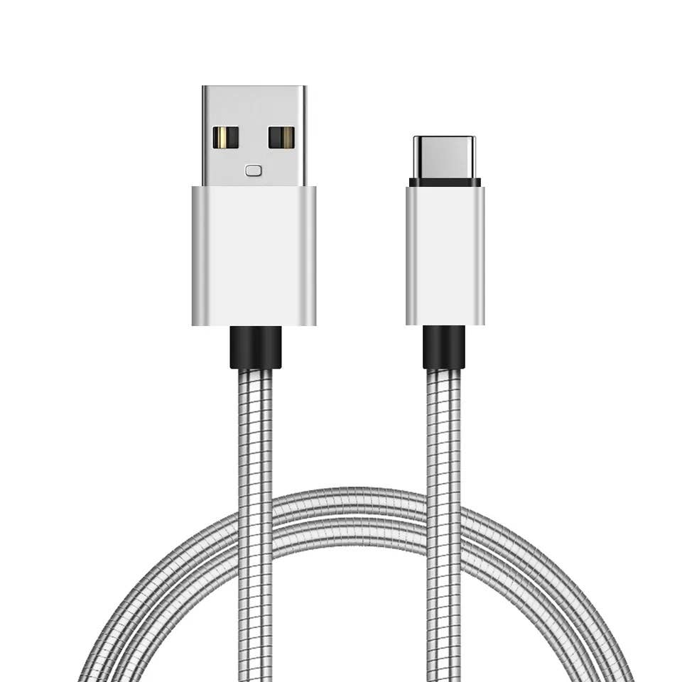 Silver metallic braided USB-A to Lightning charging cable, 6ft length.