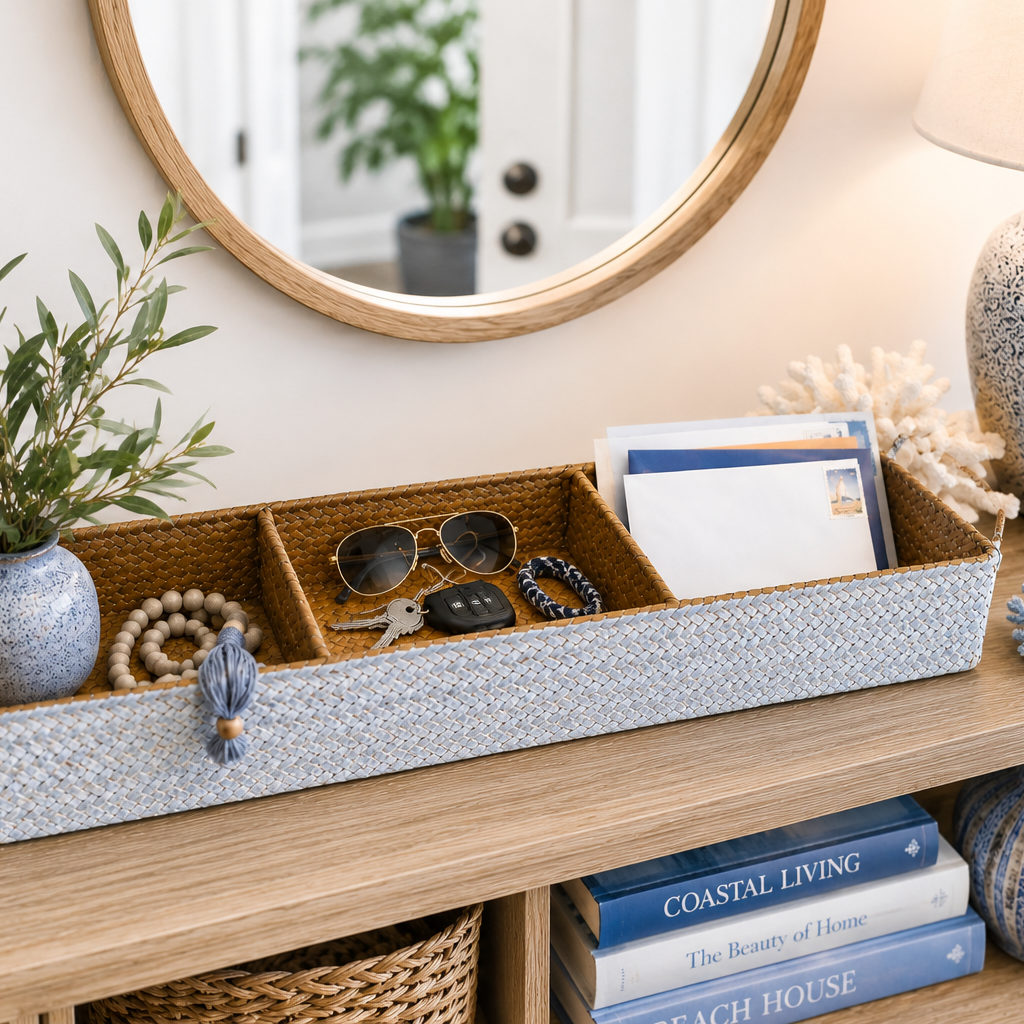 A rectangular woven storage tray with three compartments and blue-gray decorative tassels, styled on a wooden console table in a coastal-themed room.