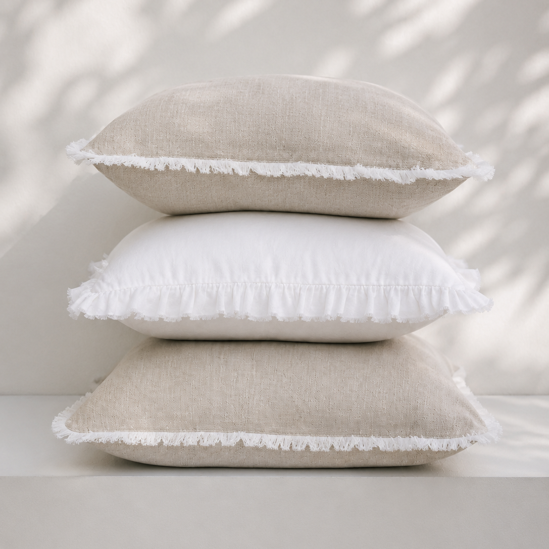 Hand Frayed Pure Linen Cushion Cover - Natural with White Fraying 50x50cm