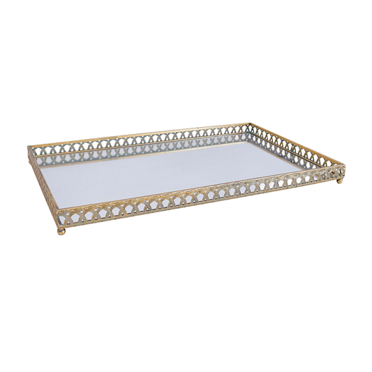 Decorative tray with gold metal frame and white glass surface on a white background