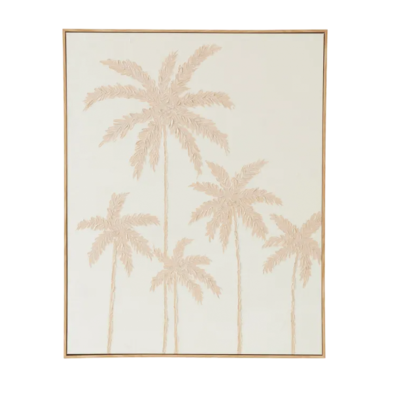 Framed neutral palm artwork with soft blush tones and natural frame