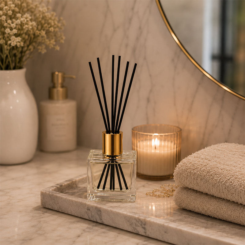 Monarch Luxury Square Reed Diffuser 200ml - Clear Glass with Tall Gold Collar