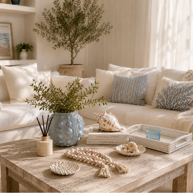 Living room with a beige sofa, decorative pillows, a wooden coffee table with decor items, and a plant.