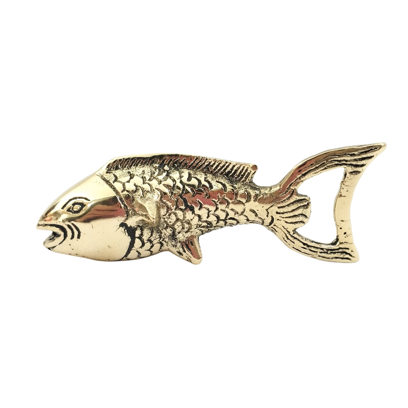 Solid brass decorative fish bottle opener with detailed engraved finish facing left