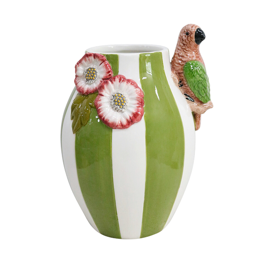 Ceramic vase with green and white stripes, floral design, and parrot figurine 