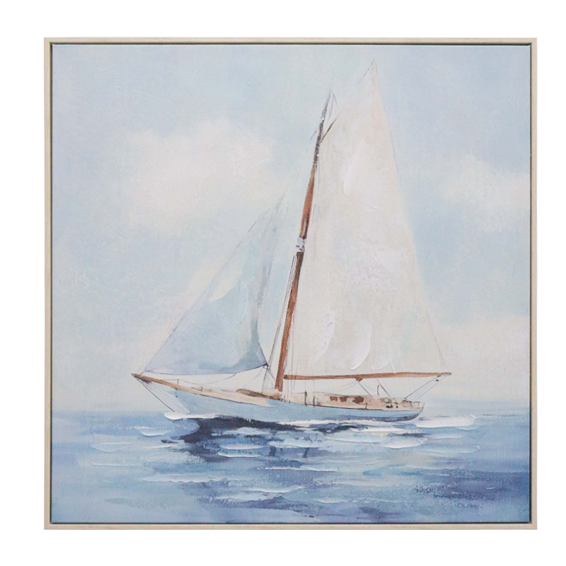 Framed sailing boat artwork with soft blue ocean tones and painterly texture