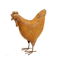 Rustic metal hen sculpture with weathered finish and embossed detailing for indoor and outdoor décor.