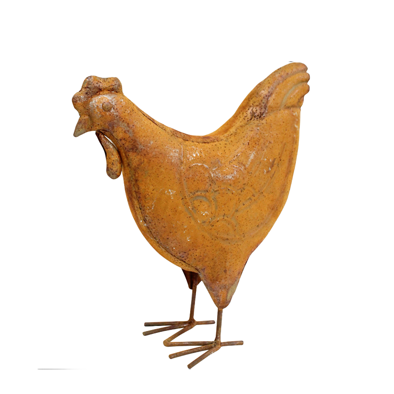 Rustic metal hen sculpture with weathered finish and embossed detailing for indoor and outdoor décor.