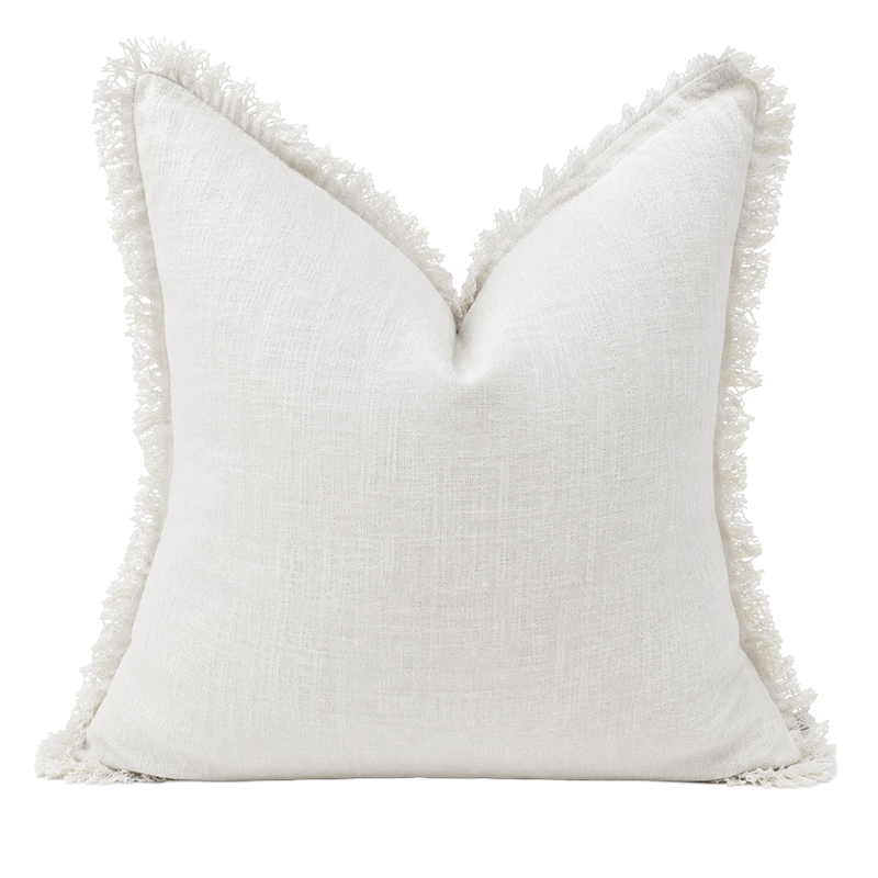 White pure linen cushion cover with soft hand frayed edge detailing