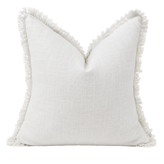 White pure linen cushion cover with soft hand frayed edge detailing
