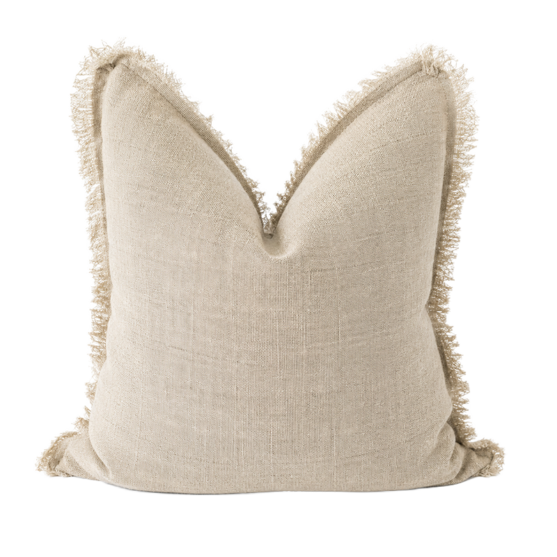 Natural pure linen cushion cover with soft hand frayed edge detailing