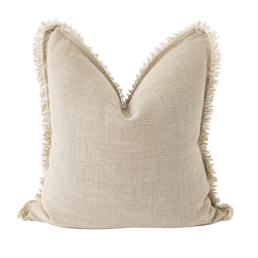 Natural pure linen cushion cover with soft hand frayed edge detailing