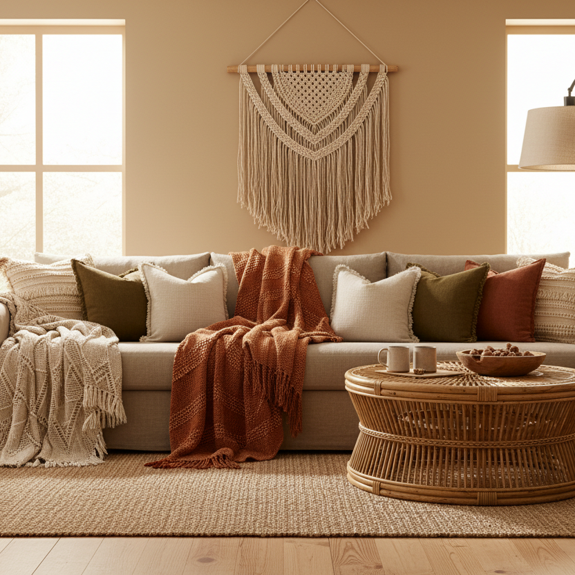 Cozy living room with a beige sofa, decorative pillows, and a woven coffee table.