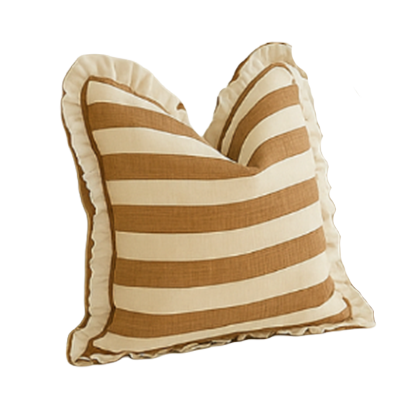 Reversible Linen Ruffle Cushion Cover – Tan Stripe