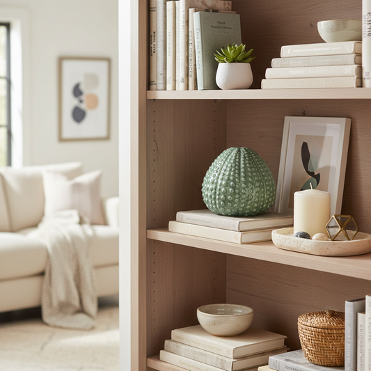 Wooden bookshelf with decorative items in a living room setting