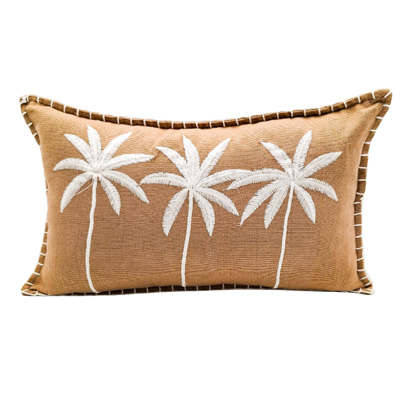 Sunset Palms cotton cushion cover with embroidered three palm design in warm neutral tones