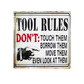 Ceramic Coaster with humorous tool rules text on a white background