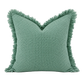 Sea green organic waffle cushion cover with textured weave and frayed edge detail